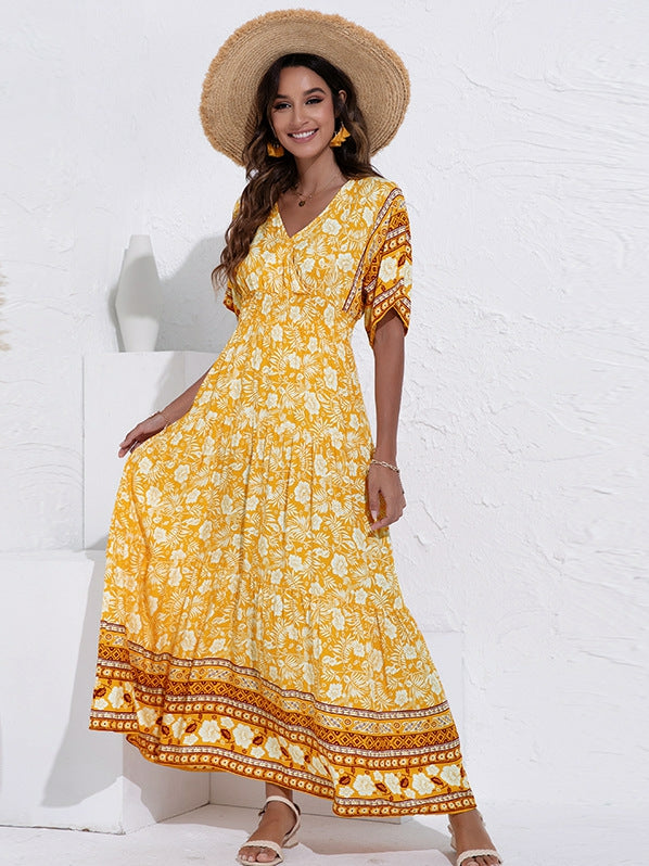 LD | V-neck fashion print high waist swing dress