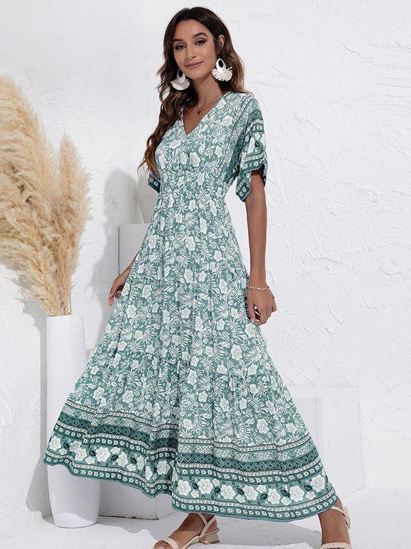 LD | V-neck fashion print high waist swing dress