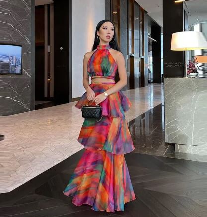 Mc | Printed long dress with neckline