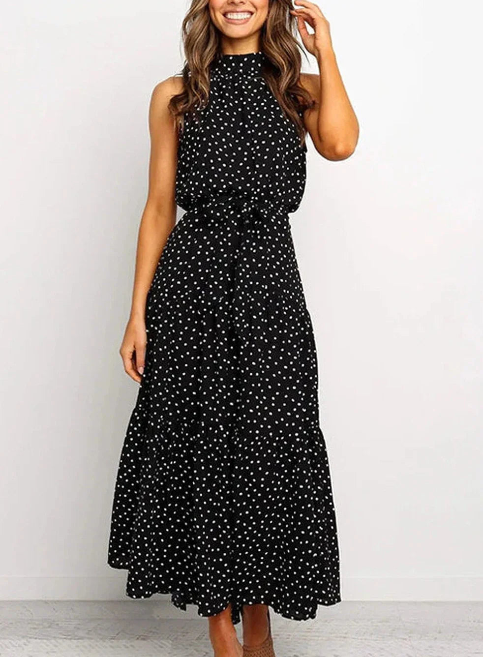 Printed long dress with bow at the waist