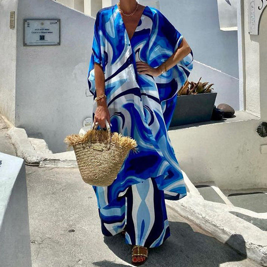 European and American Fashionable Batwing Sleeve Top Trousers with Wide Legs Two-piece Set