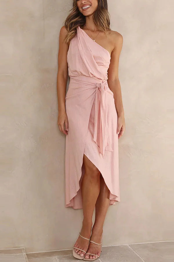 Asymmetrical midi crossover dress with asymmetrical hem and modern style