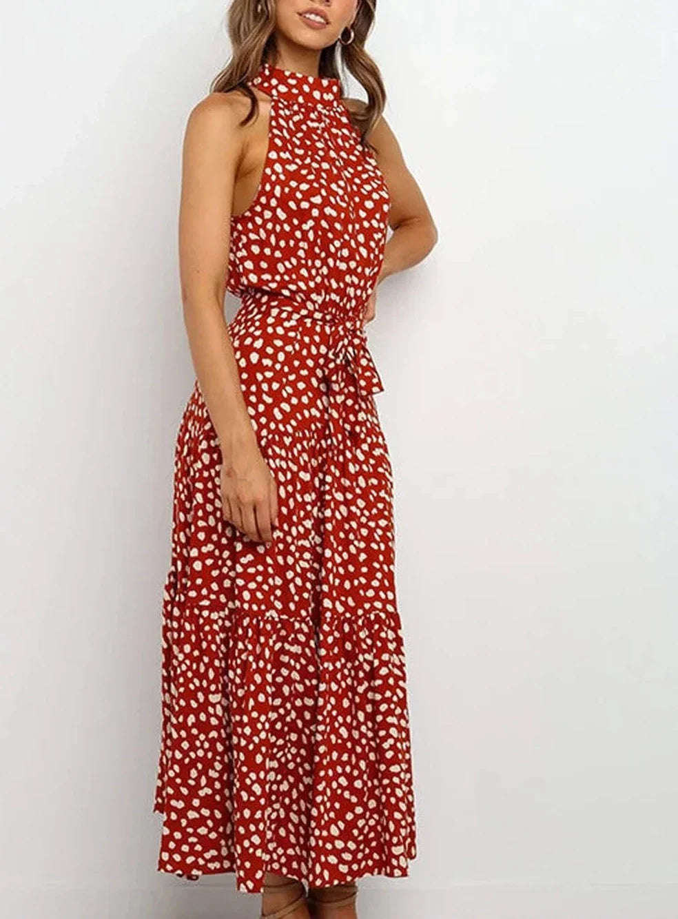 Printed long dress with bow at the waist