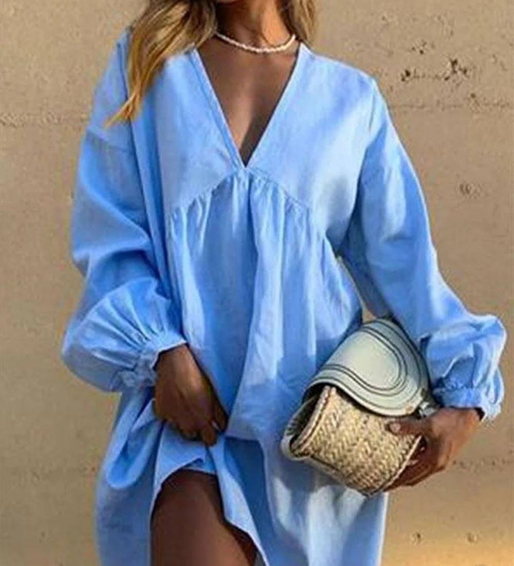 LD Casual dress with V-neck and pleated lantern sleeves
