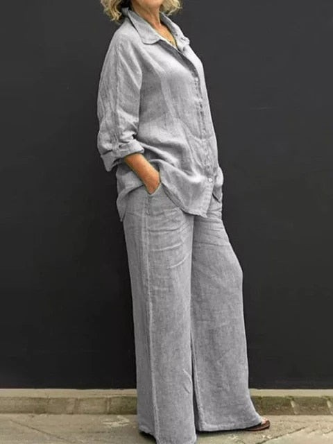 Casual linen blouse and trouser set