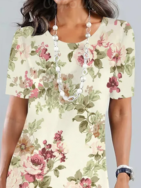 LP | Elegant midi dress with floral pattern and wide round neckline for garden parties