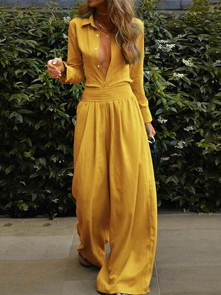 Lucie - Damen-Jumpsuit mit Kn��pfen, elastischem Bund und weiten Beinen