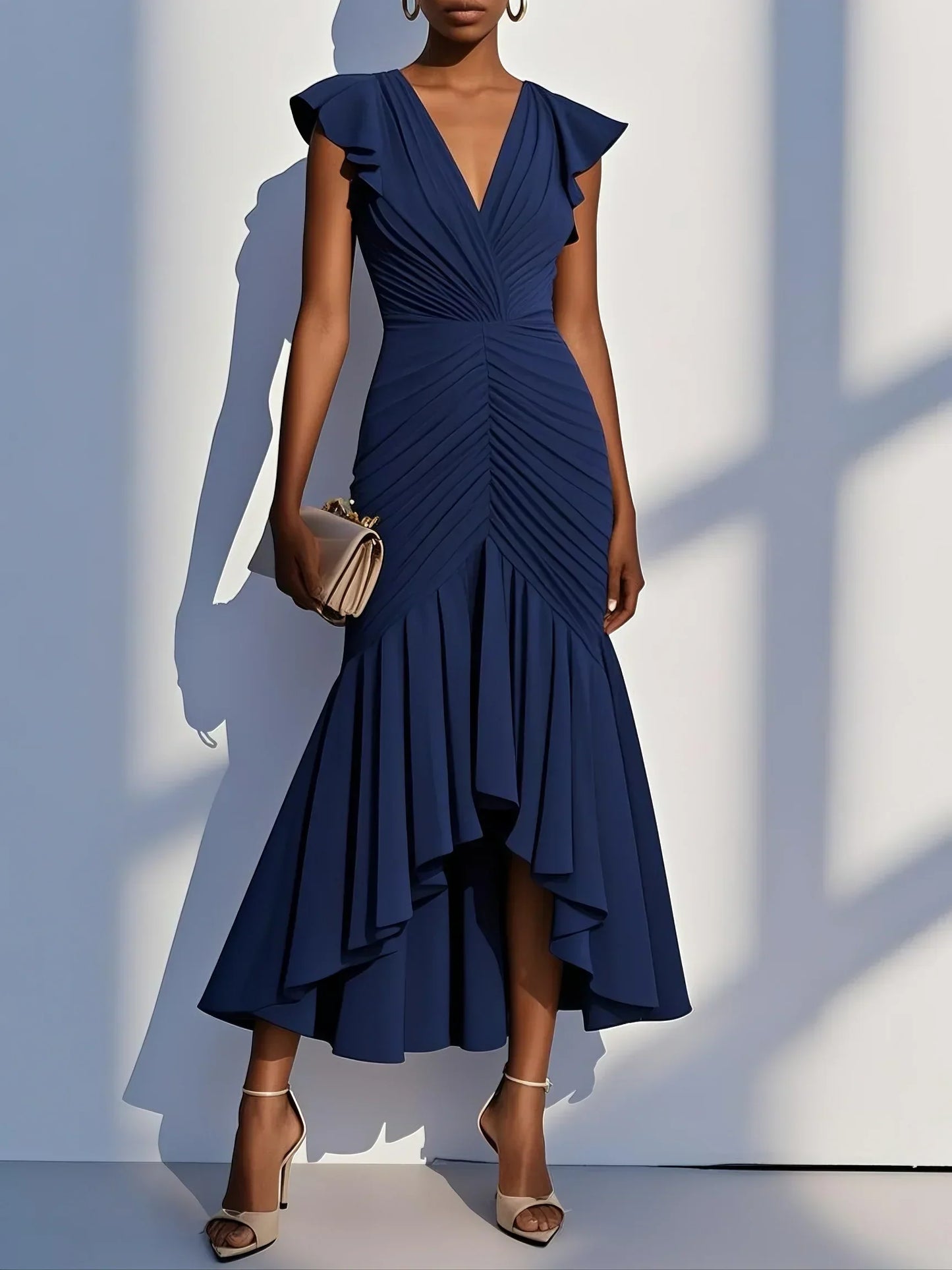 Elegant midi evening dress with neckline with ruffles and short sleeves