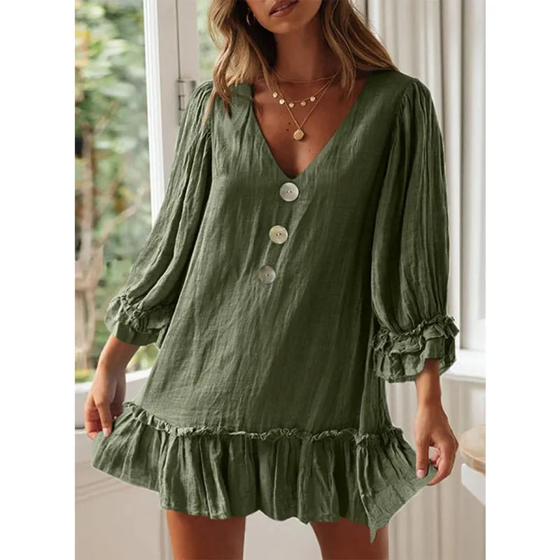 LD Casual dress with flared sleeves, V-neck and fringe