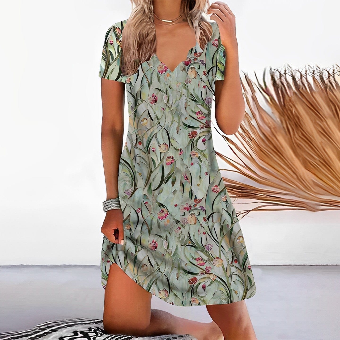 LP | green dress with floral pattern