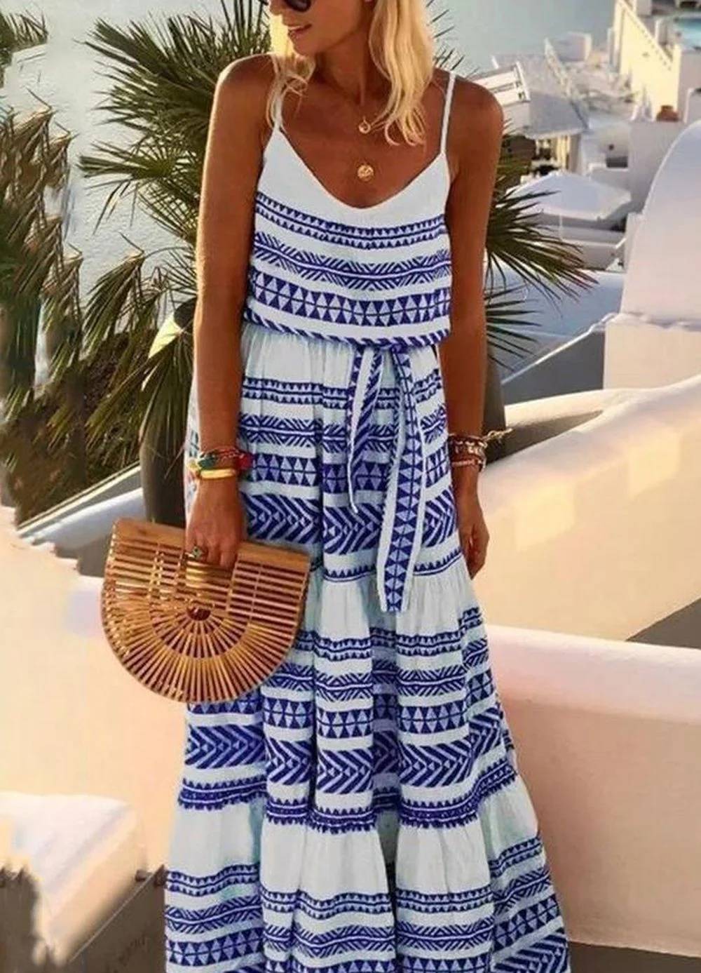 Bohemian Geometric Print Strapless Dress with V-Neck