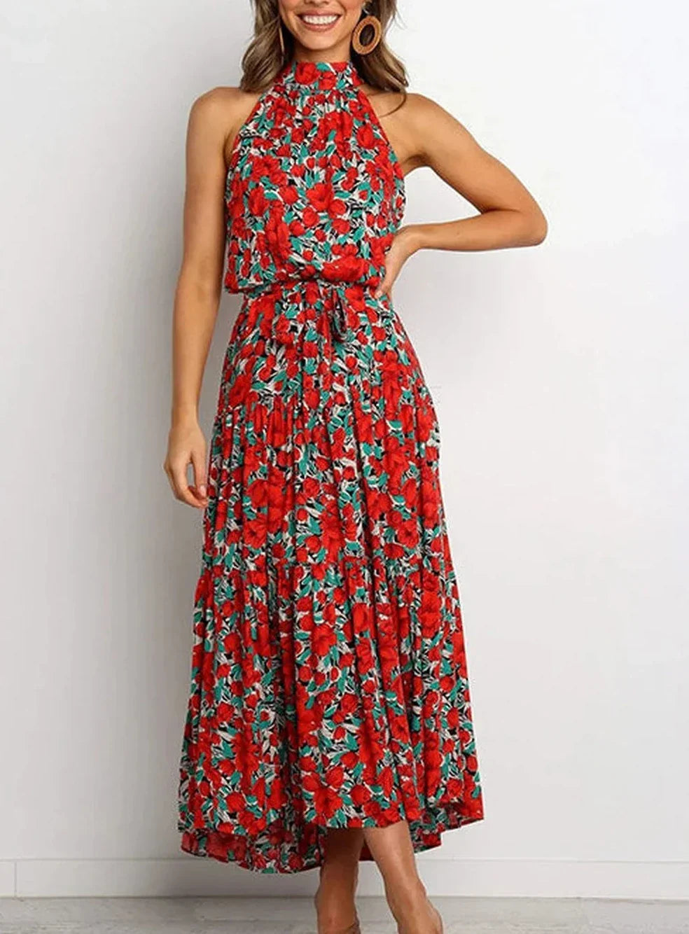 Printed long dress with bow at the waist