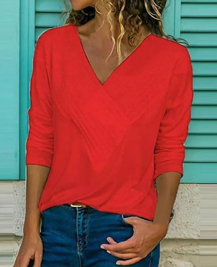 LP T-shirt-short with V-neck and long sleeves in solid color for free time