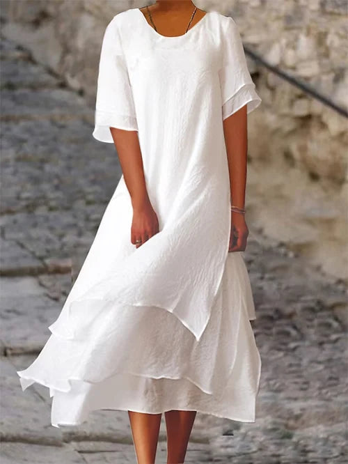 Lightweight long dress with short sleeves and striped skirt