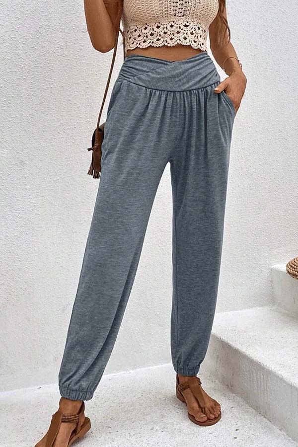 Temperament casual loose pocket high-waisted pants