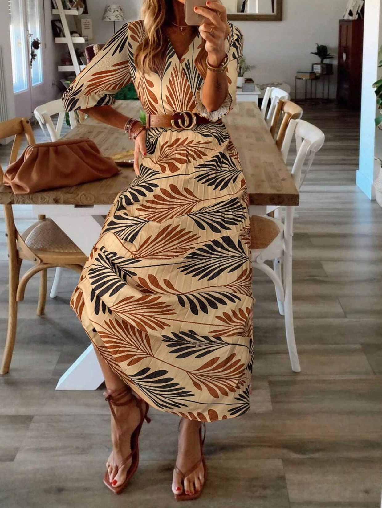 LP | Pleated midi dress with tropical leaf print