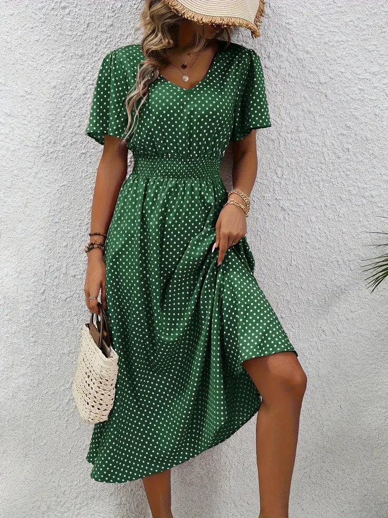 Dress with all-over print and rounded waist, casual dress with short sleeves