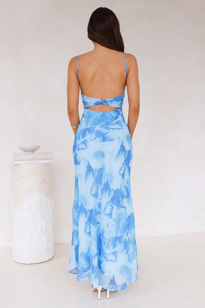 Printed long dress with thin straps and open back