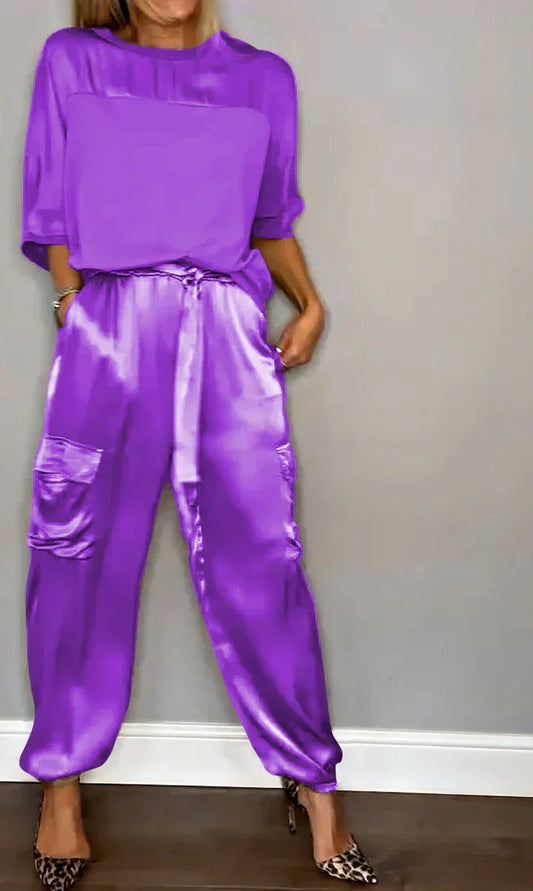 Two-piece set with one-color satin top and pants for ladies