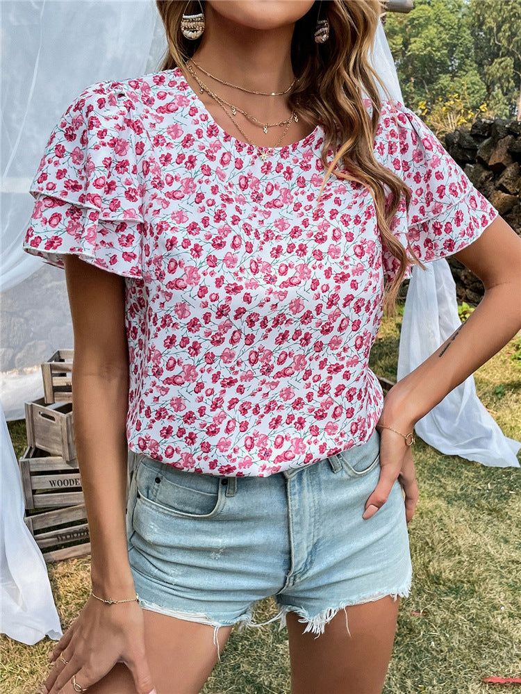 LD | Sweater Round Neck Printed Chiffon Shirt Ladies Flying Sleeve Top