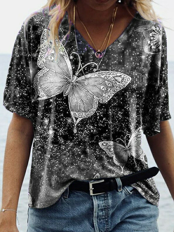 LD T-shirt with butterfly print mid-length sleeves