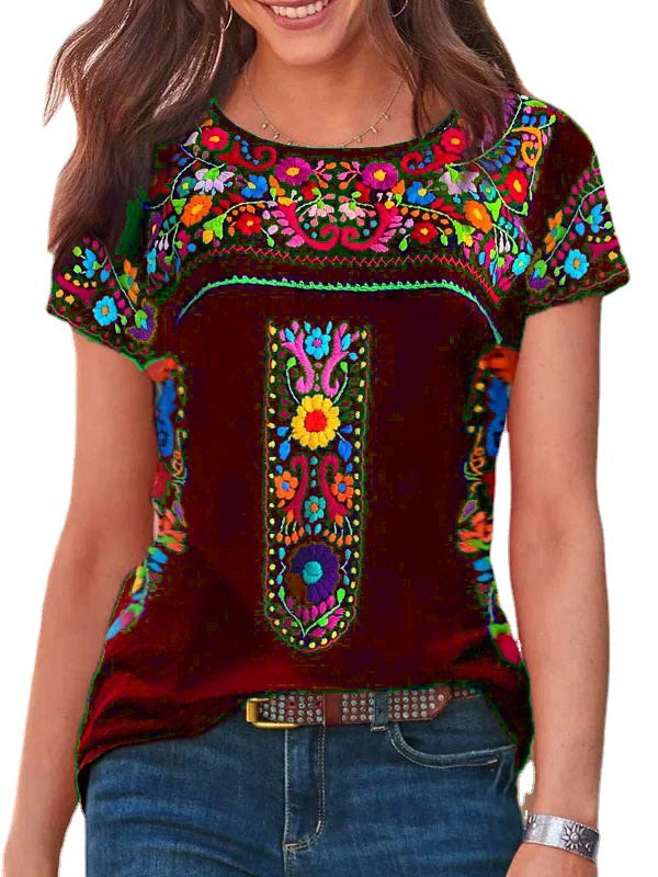 LD Boho print Round Neck Short Sleeve T-shirt Top