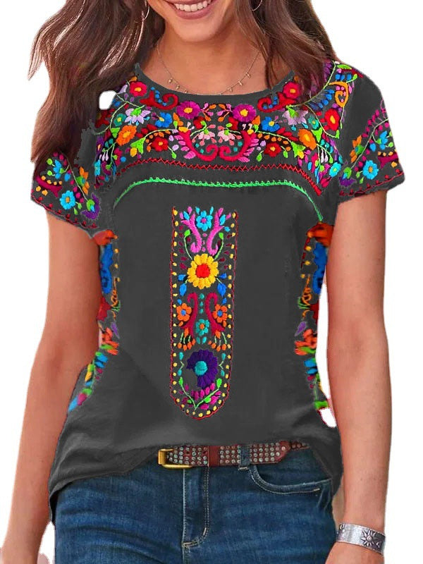LD Boho print Round Neck Short Sleeve T-shirt Top