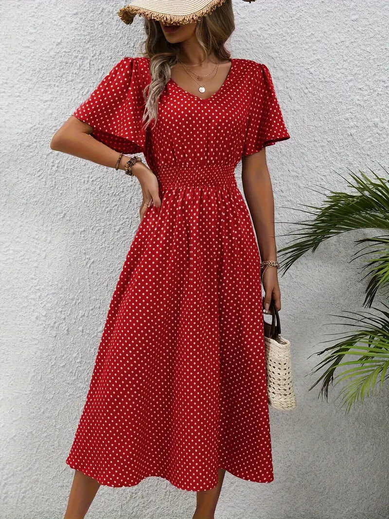 Dress with all-over print and rounded waist, casual dress with short sleeves