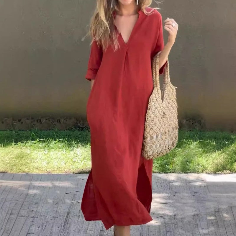 Elegant long dress with V-neck and side slit
