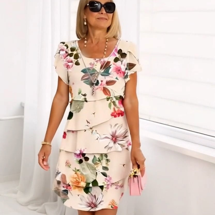 LD Long dress with floral print and flowing drape