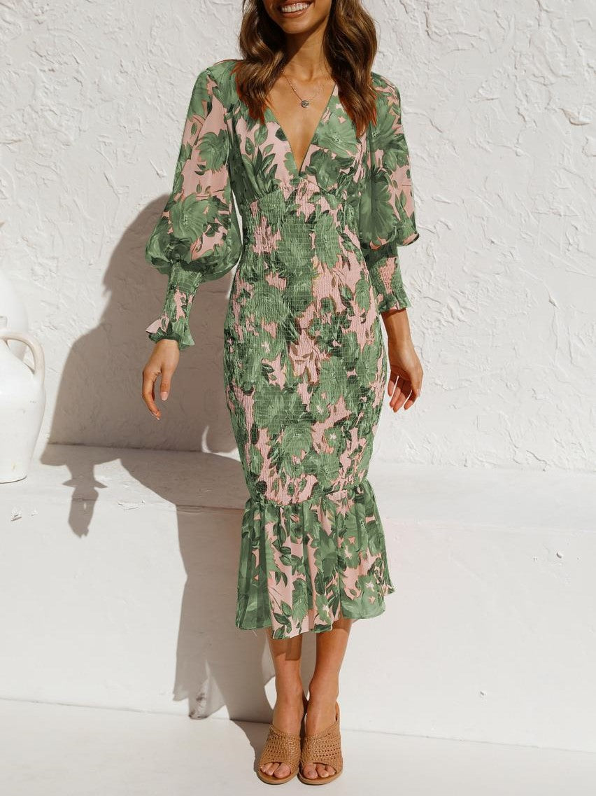 LD | Elastic Waist Printed Ruffle Skirt Long Sleeve Dress