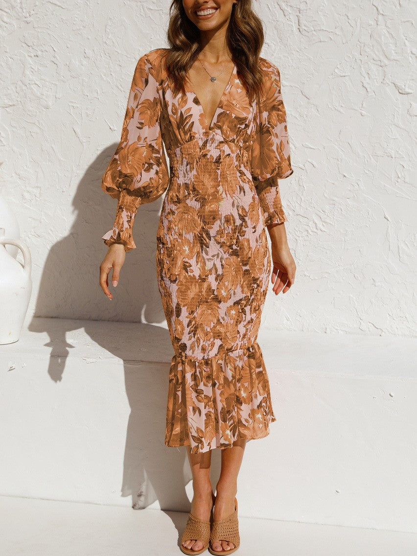 LD | Elastic Waist Printed Ruffle Skirt Long Sleeve Dress