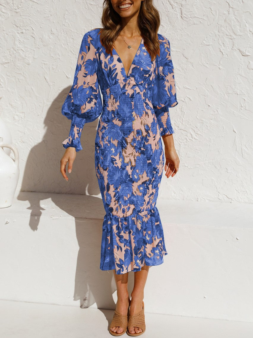 LD | Elastic Waist Printed Ruffle Skirt Long Sleeve Dress
