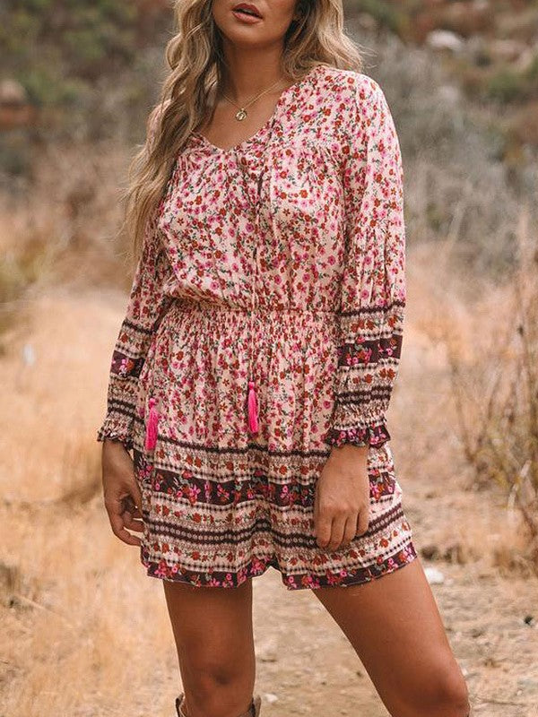 LD Printed V-neck casual dress with high neck