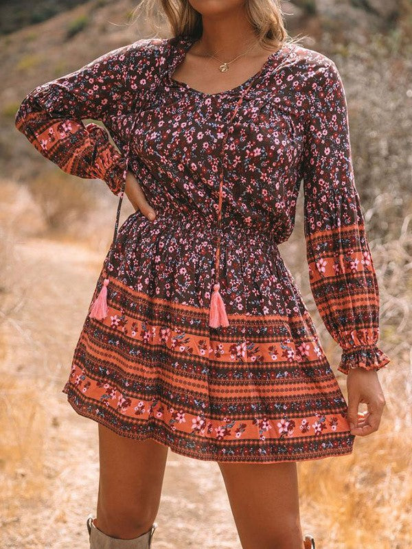 LD Printed V-neck casual dress with high neck