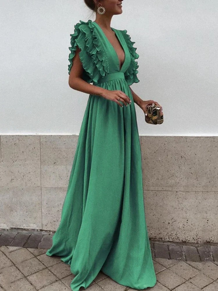 Helena - Elegant V-neck dress with frilly sleeves