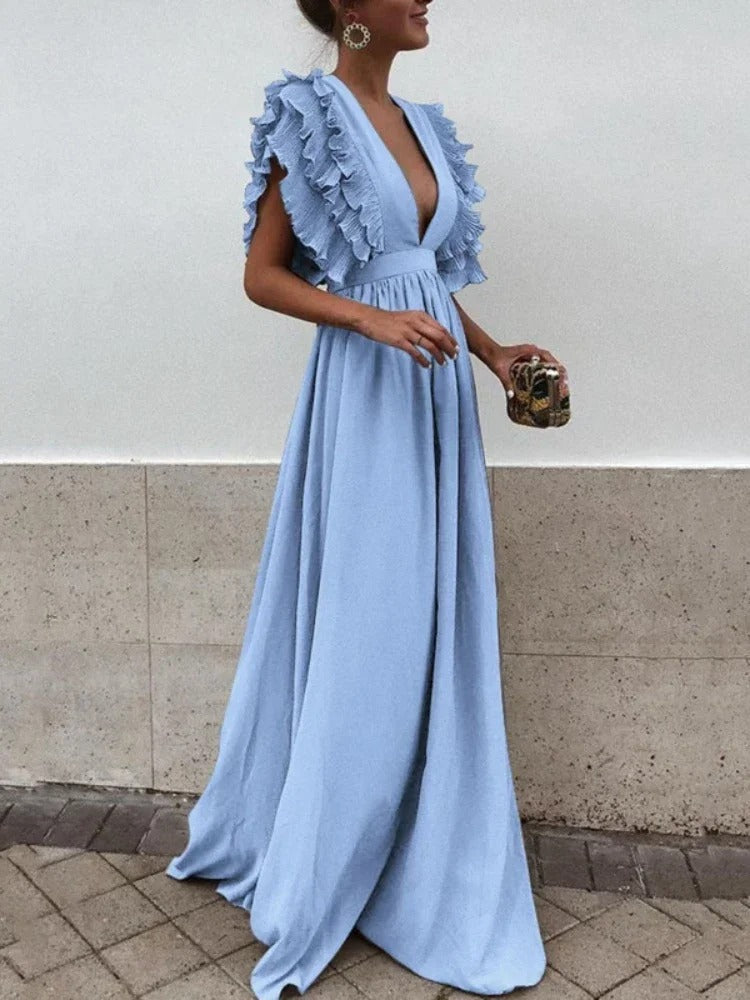 Helena - Elegant V-neck dress with frilly sleeves