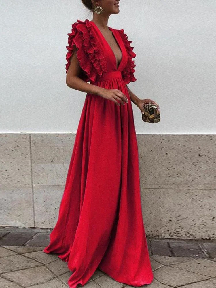 Helena - Elegant V-neck dress with frilly sleeves
