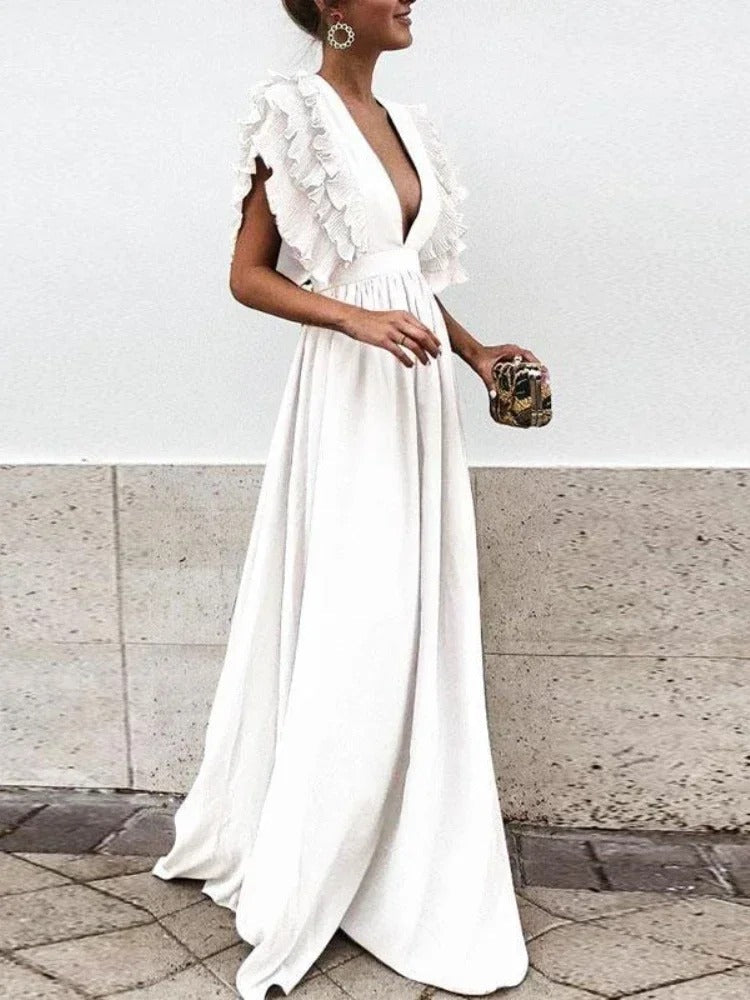 Helena - Elegant V-neck dress with frilly sleeves