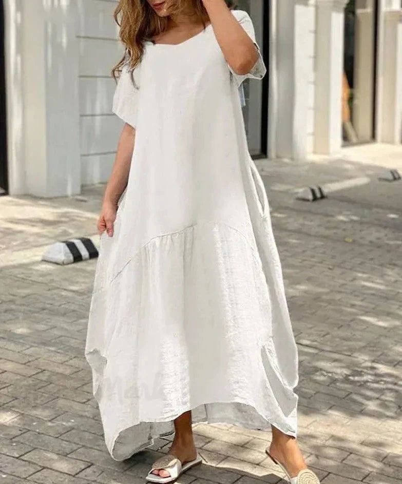 women's V-neck flared maxi dress with short sleeves