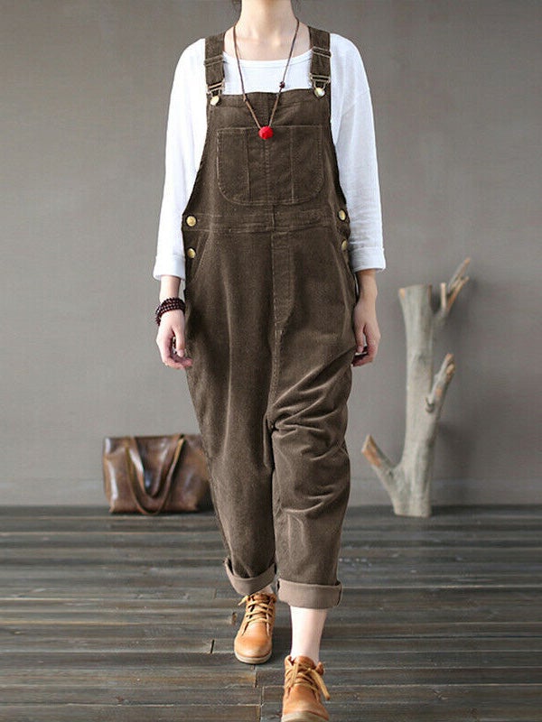 Corduroy plain casual pocket jumpsuit