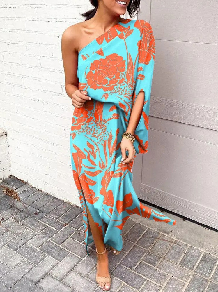 LD | Slant shoulder loose bohemian dress