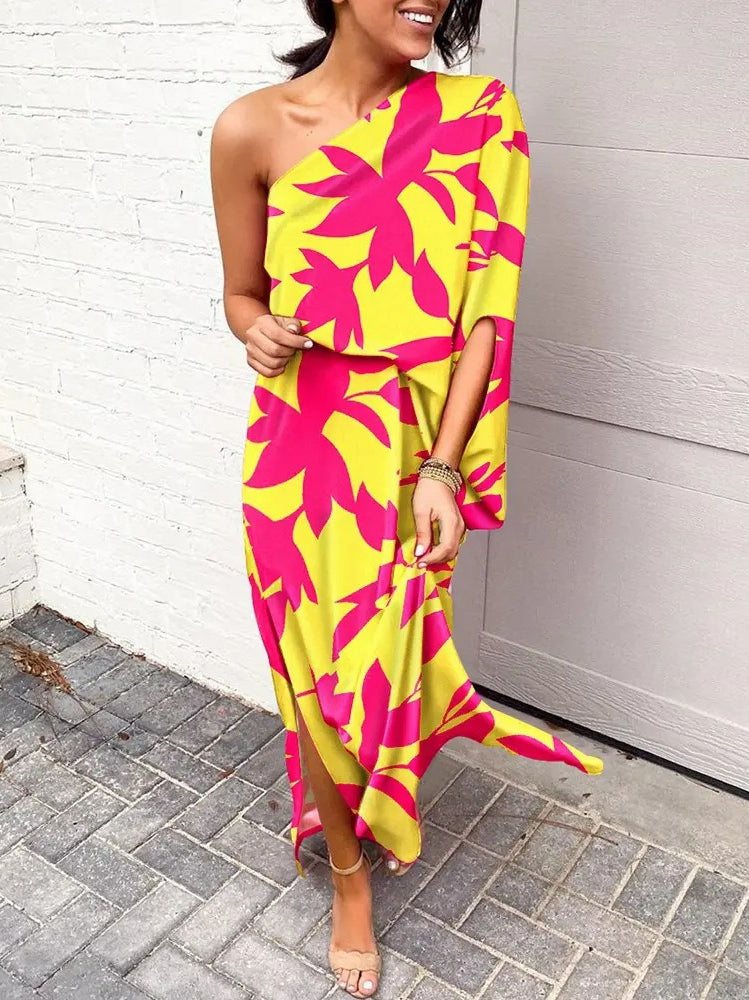 LD | Slant shoulder loose bohemian dress