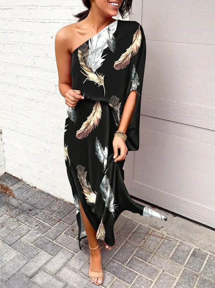 LD | Slant shoulder loose bohemian dress