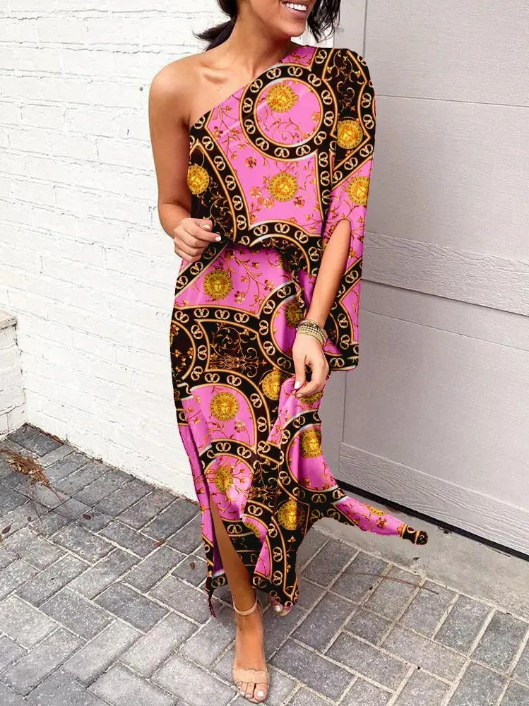 LD | Slant shoulder loose bohemian dress