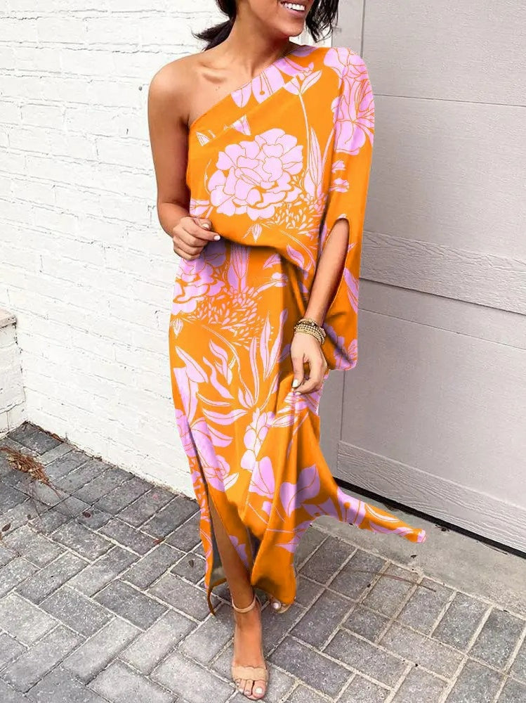 LD | Slant shoulder loose bohemian dress