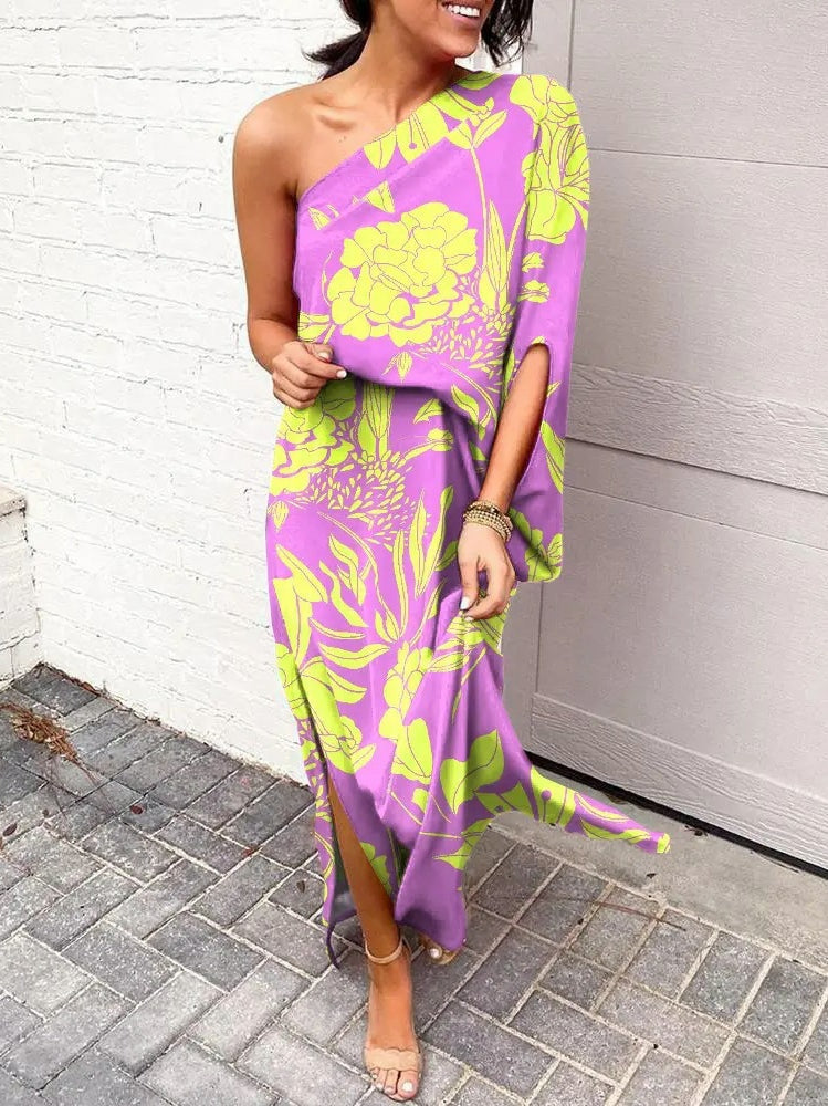 LD | Slant shoulder loose bohemian dress