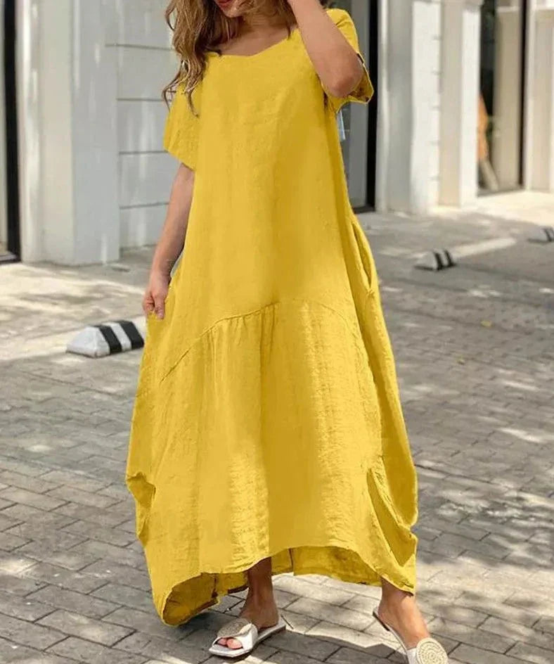 women's V-neck flared maxi dress with short sleeves