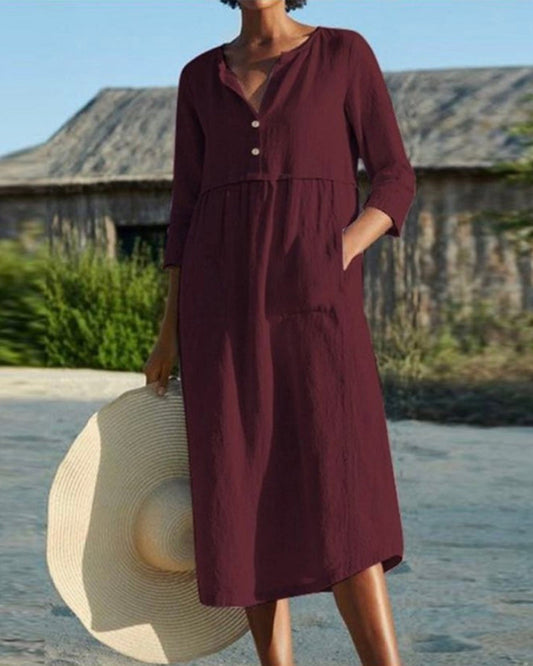 LP | Chic summer midi dress in airy cotton fabric with elegant button placket