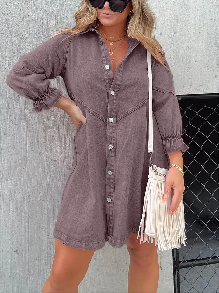 Washed denim dress with puff sleeves